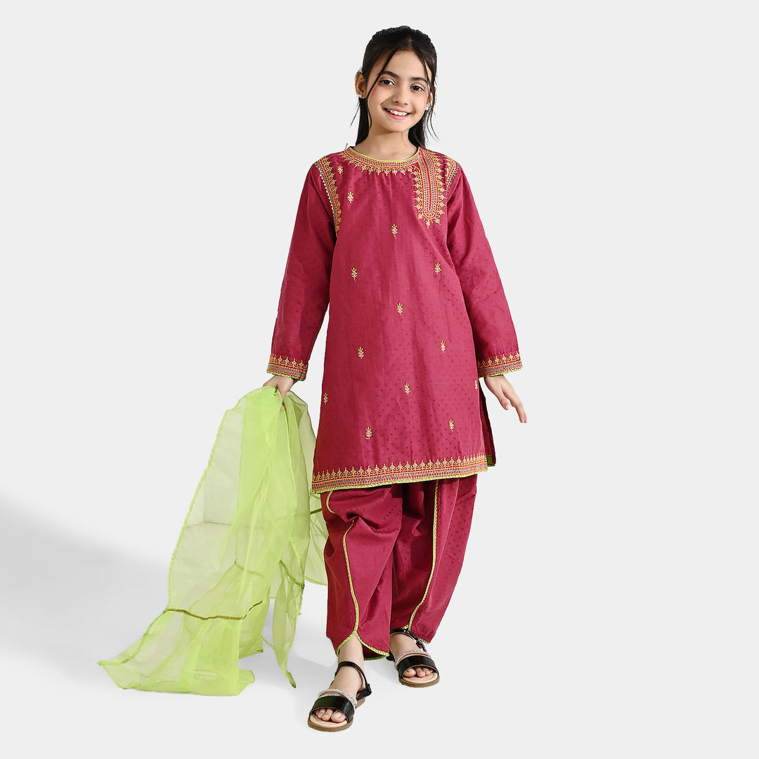 Girls Viscose 3-Piece Set (Falak) - Magenta
