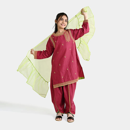 Girls Viscose 3-Piece Set (Falak) - Magenta