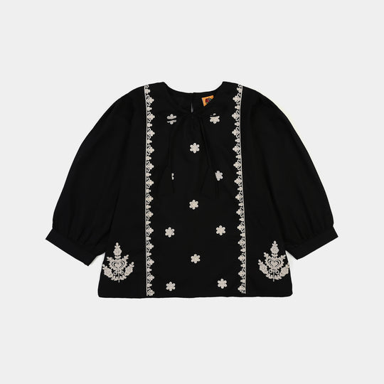 Girls Cotton Emb Top Monochrome-BLACK