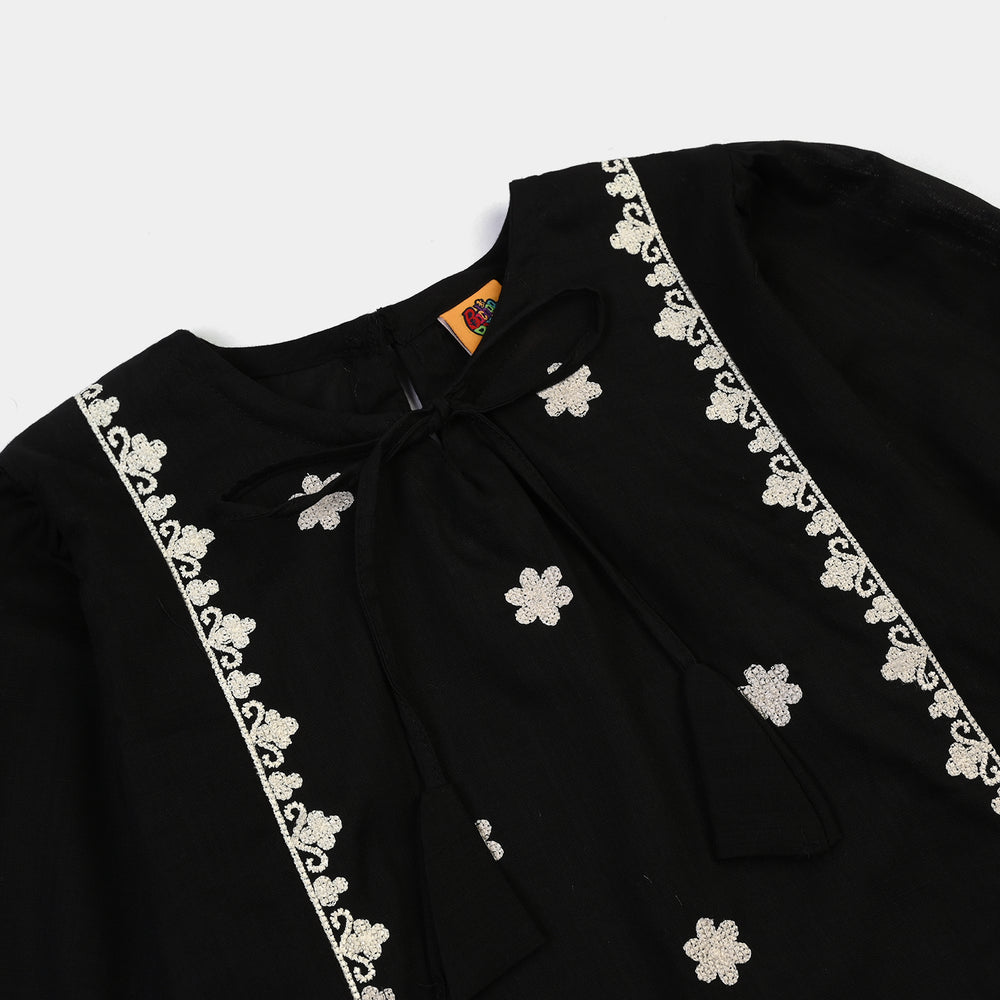 Girls Cotton Emb Top Monochrome-BLACK
