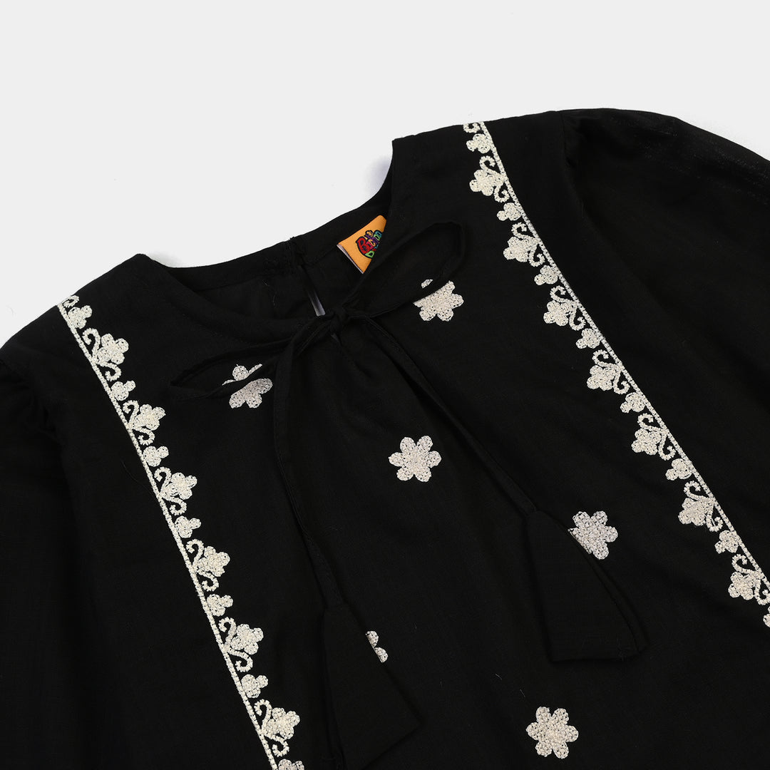 Girls Cotton Emb Top Monochrome-BLACK