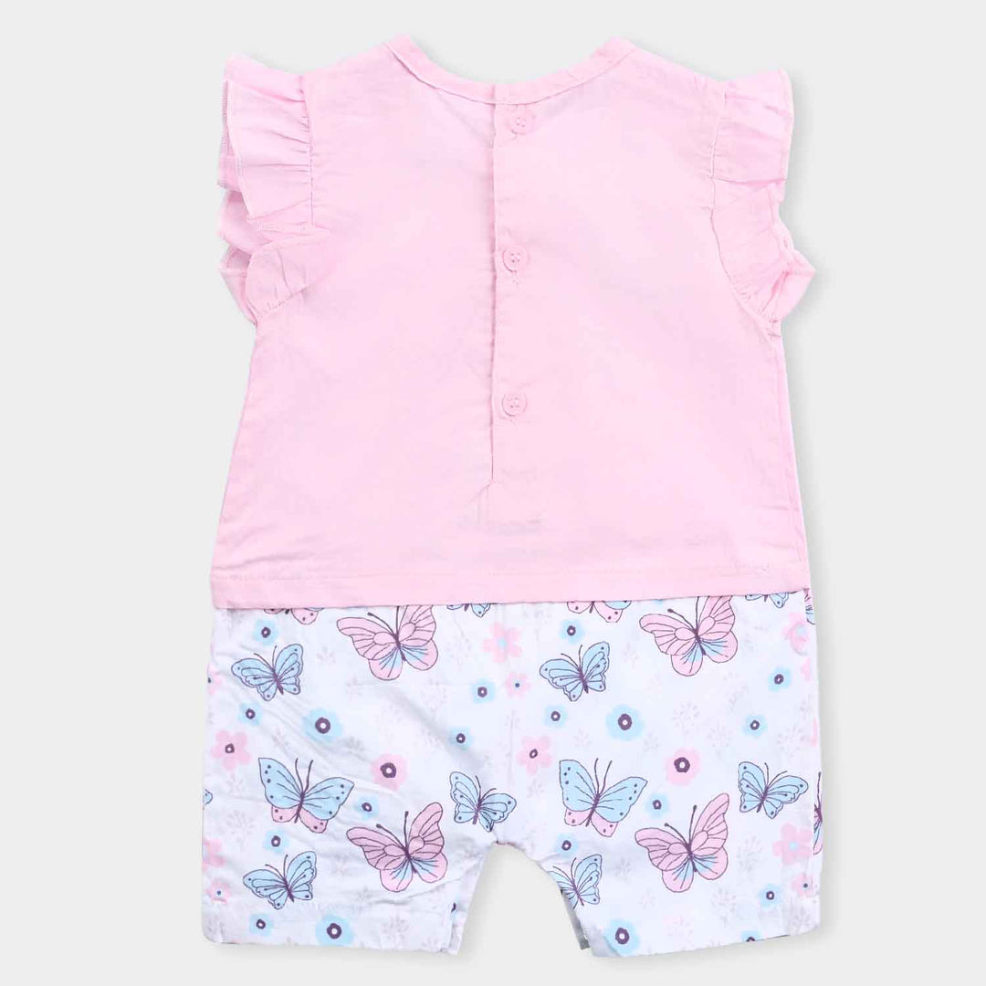 Infant Girls Cotton Interlock Romper-Pink/White