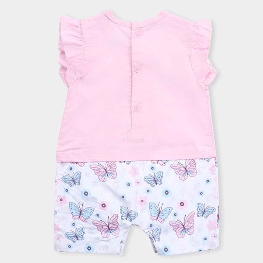 Infant Girls Cotton Interlock Romper-Pink/White
