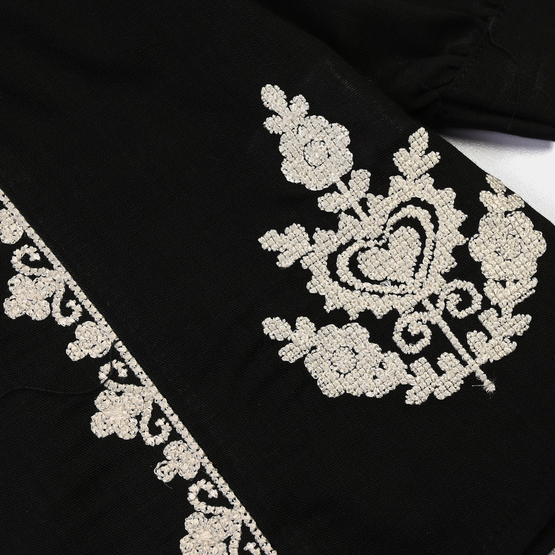 Girls Cotton Emb Top Monochrome-BLACK