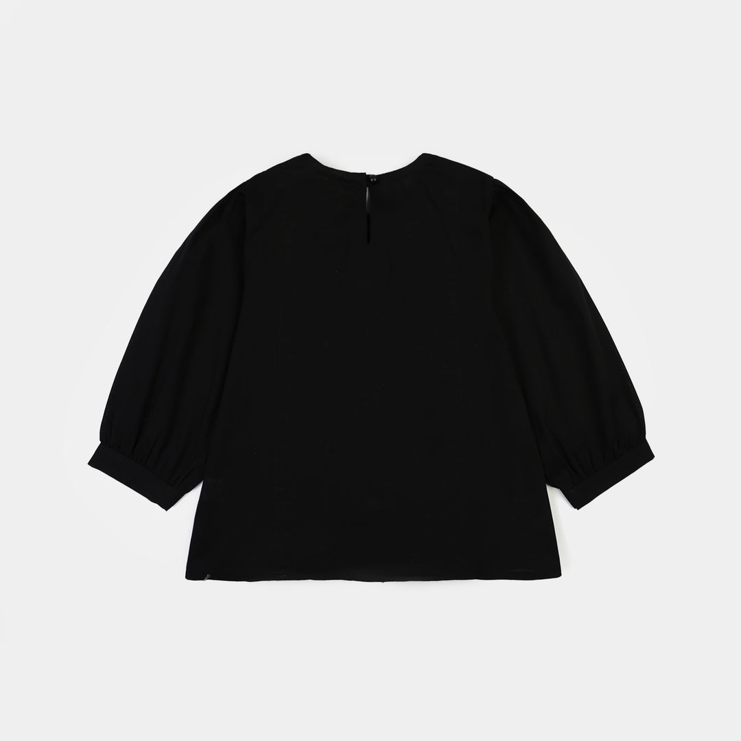 Girls Cotton Emb Top Monochrome-BLACK