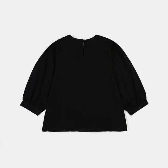 Girls Cotton Emb Top Monochrome-BLACK