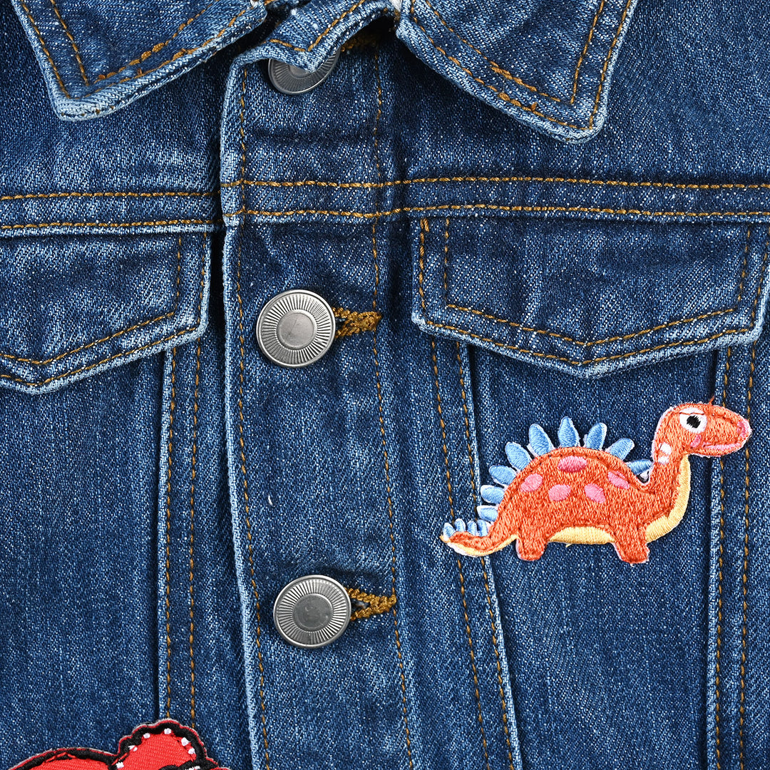 Infant Boys Denim rigid Woven Jacket Dinosaur-Mid.Blue