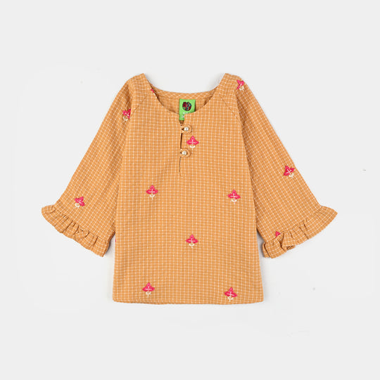 Infant Girls Cotton Emb Top Mustard Checks