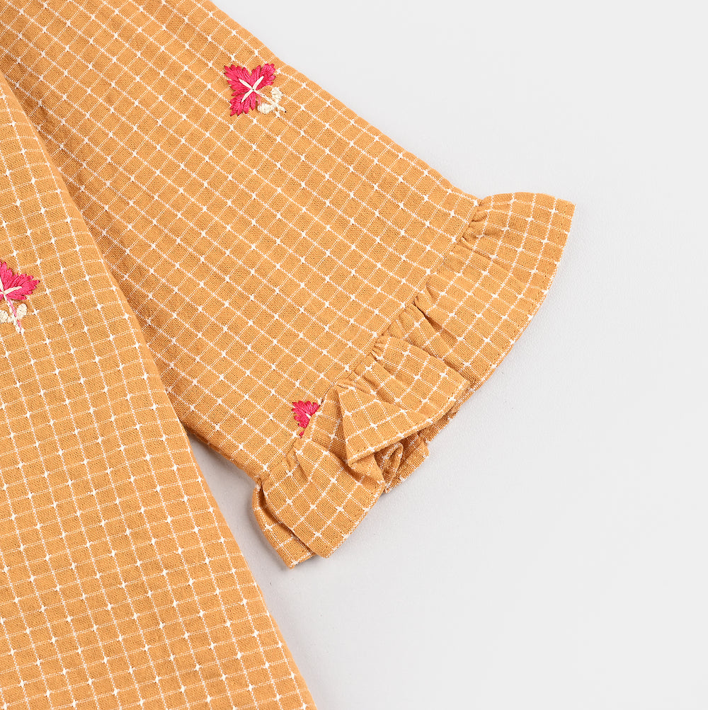 Infant Girls Cotton Emb Top Mustard Checks