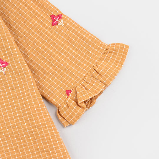 Infant Girls Cotton Emb Top Mustard Checks