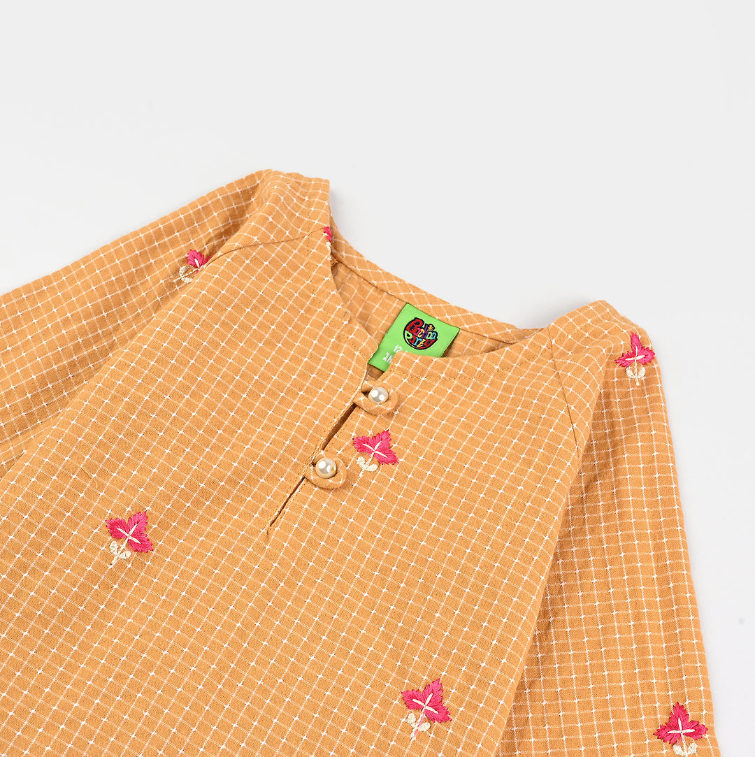 Infant Girls Cotton Emb Top Mustard Checks