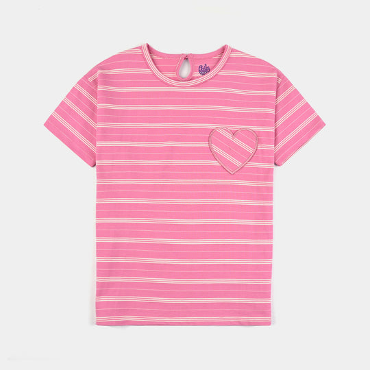 Girls Yarn Dyed T-Shirt H/S HEART POCKET-Hot Pink