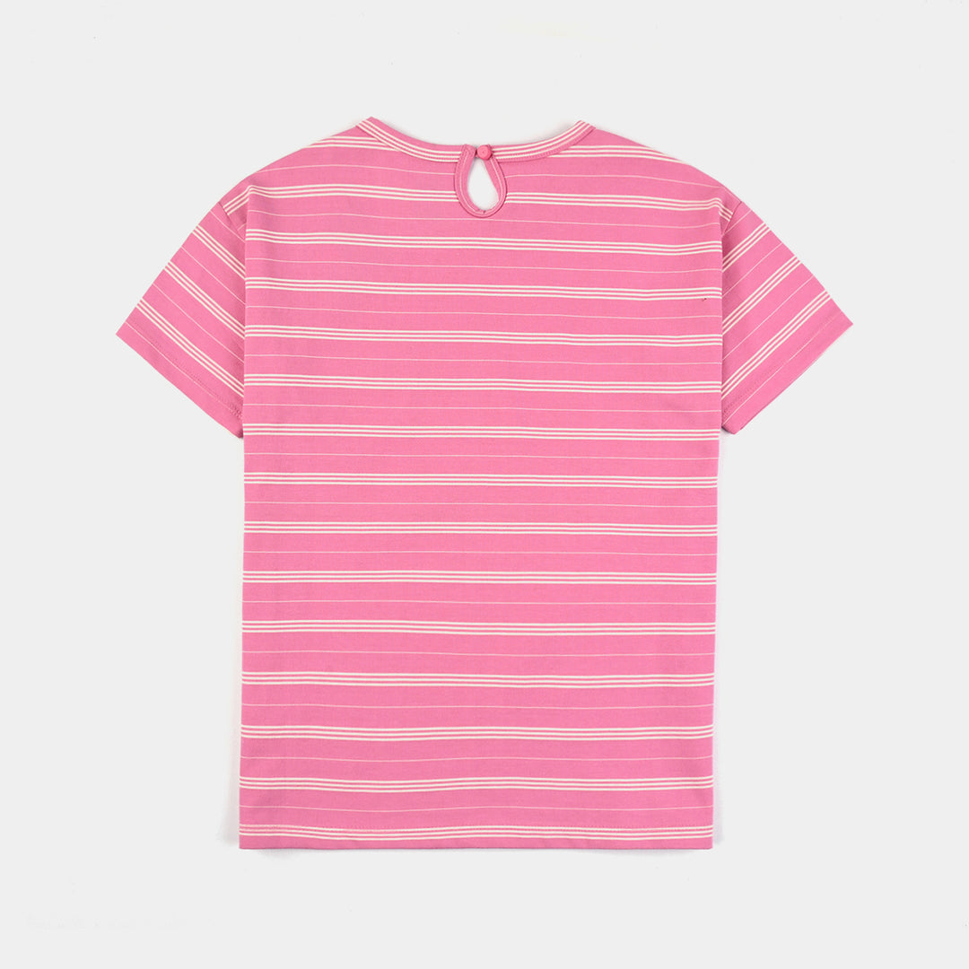 Girls Yarn Dyed T-Shirt H/S HEART POCKET-Hot Pink