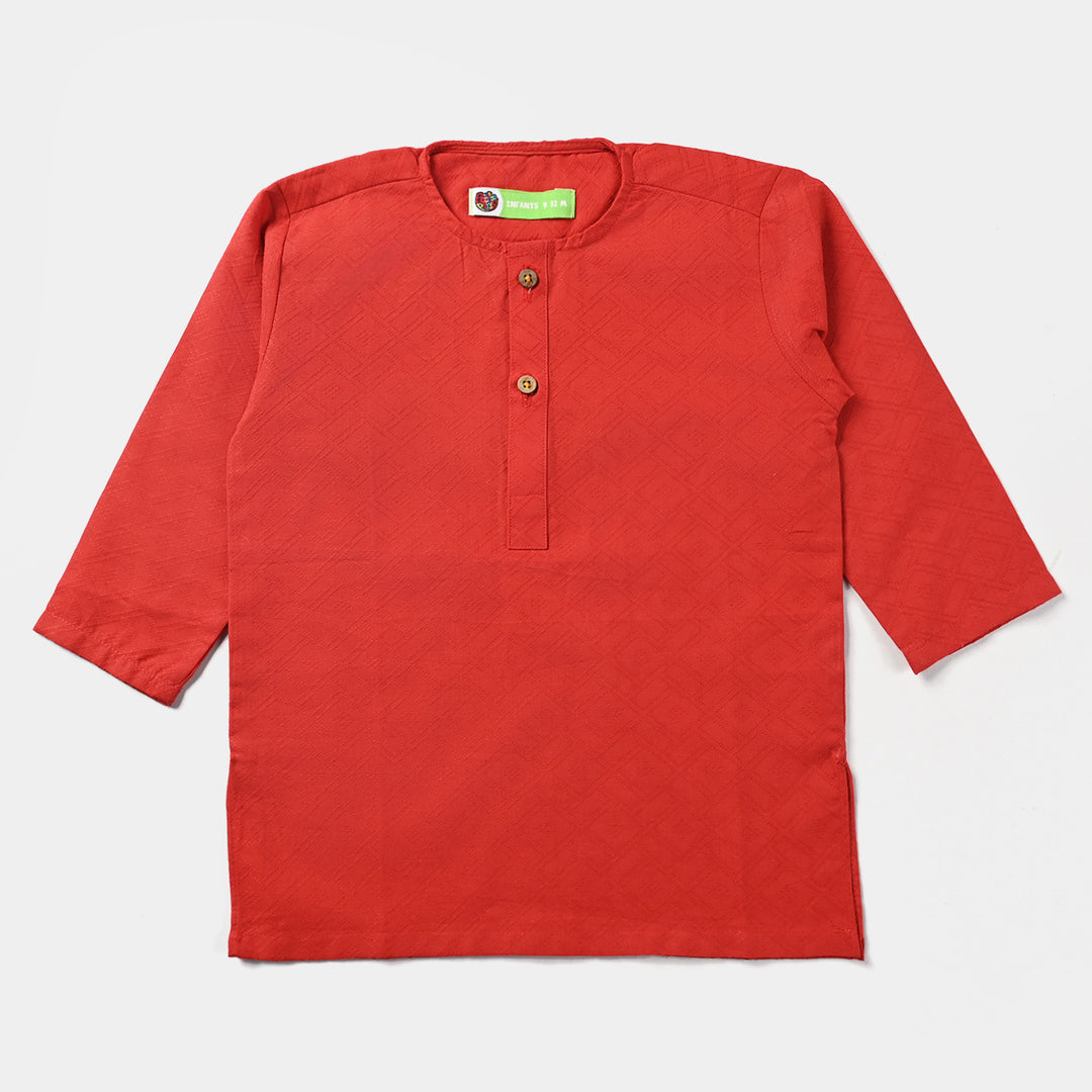 Infant Boys Cotton Jacquard Basic Kurta-Red