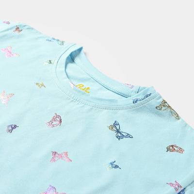 Girls Cotton Jersey T-Shirt H/S Butterfly-T-Turquoise