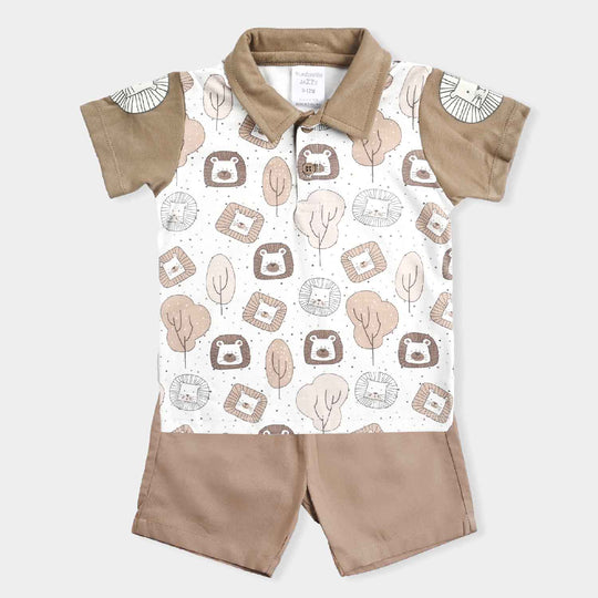 Infant Boys Cotton Interlock Suit -Brown/White