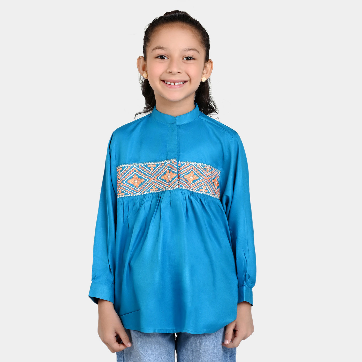 Girls Embroidered Poly Viscose Top Aztec Effect-Blue