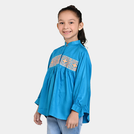 Girls Embroidered Poly Viscose Top Aztec Effect-Blue