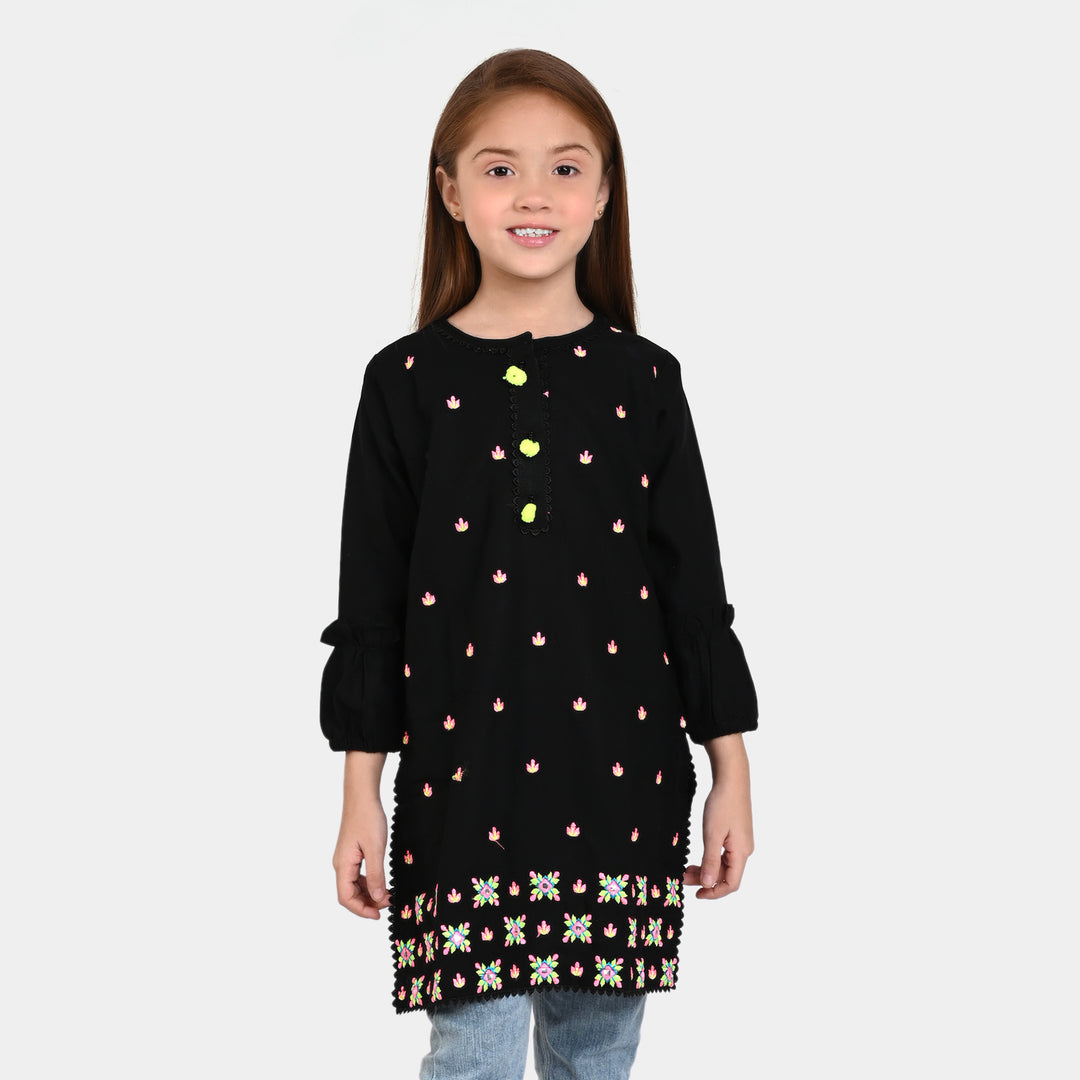 Girls Cotton Embroidered  Kurti Black Beauty-BLACK