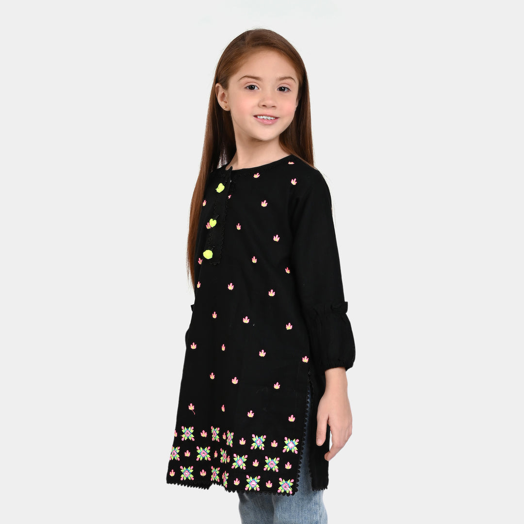 Girls Cotton Embroidered  Kurti Black Beauty-BLACK