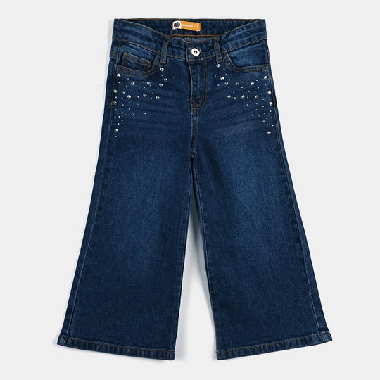 Girls Denim Stretch Denim Boot Cut with Studs-Mid Blue