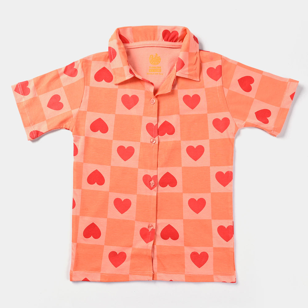 Girls Poly Cotton Jersey NightSuit Hearts- Light Orange