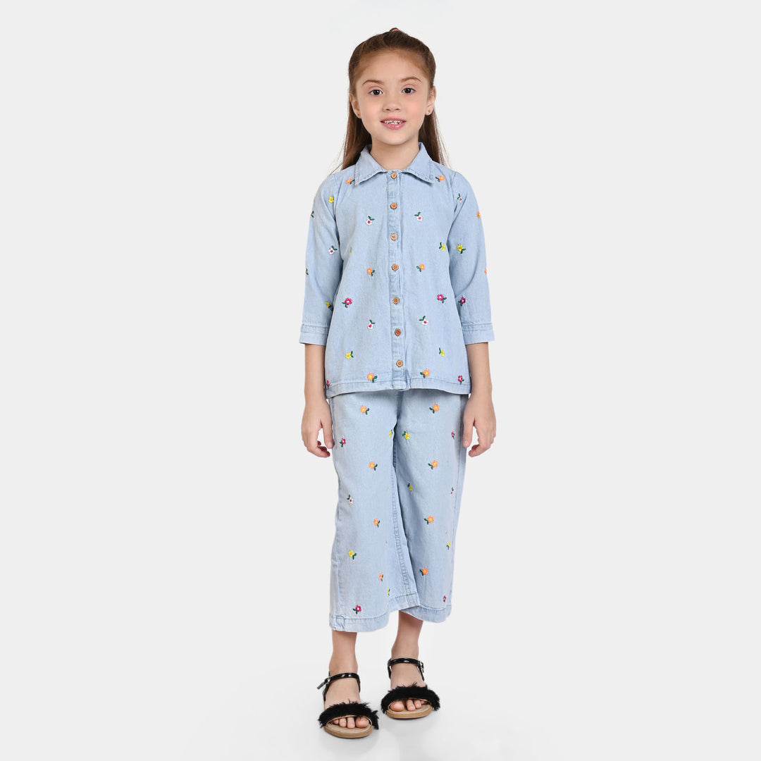 Girls Denim CO-Ord 2 Piece set EMBROIDERED -LIGHT BLUE