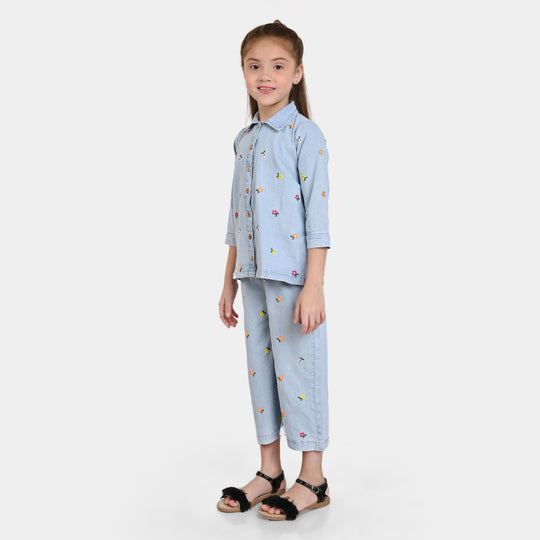 Girls Denim CO-Ord 2 Piece set EMBROIDERED -LIGHT BLUE