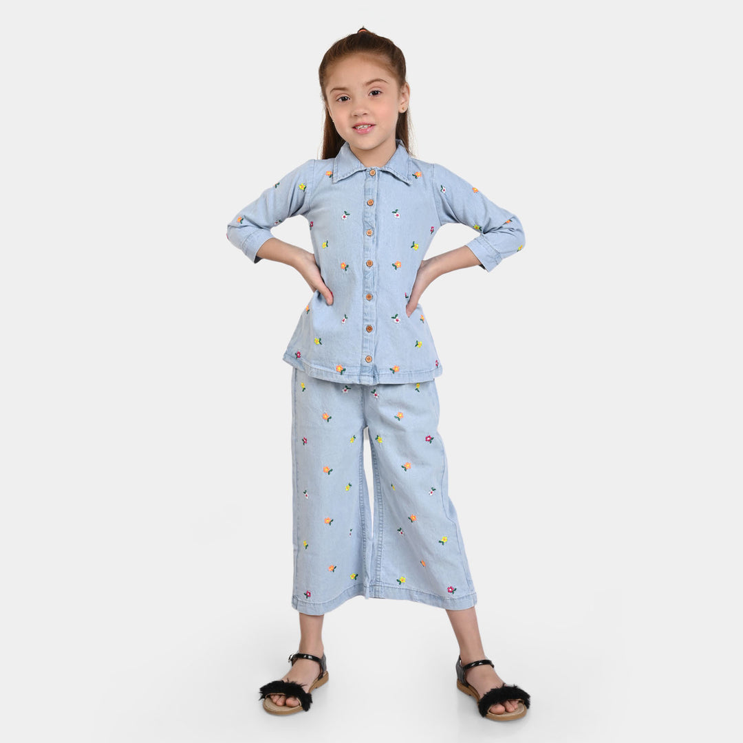 Girls Denim CO-Ord 2 Piece set EMBROIDERED -LIGHT BLUE