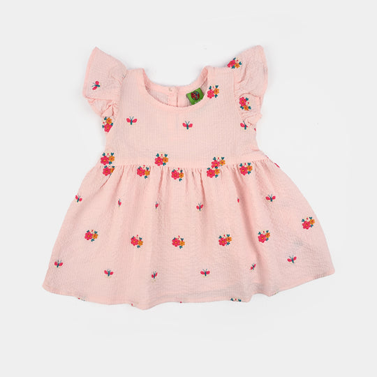 Infant Girls Poly Crinkle Embroidered Top (Butterfly & Flowers) - Baby Pink
