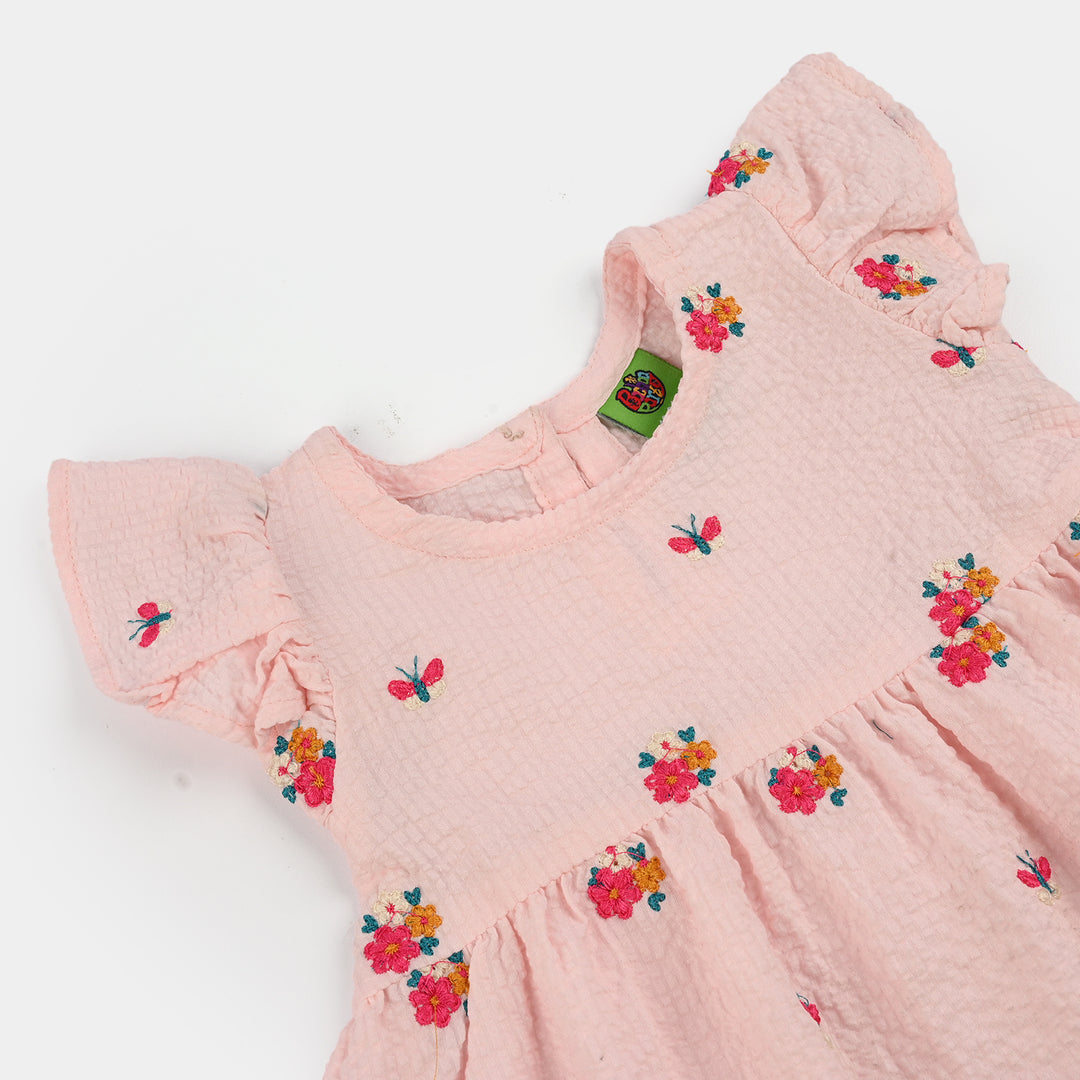 Infant Girls Poly Crinkle Embroidered Top (Butterfly & Flowers) - Baby Pink