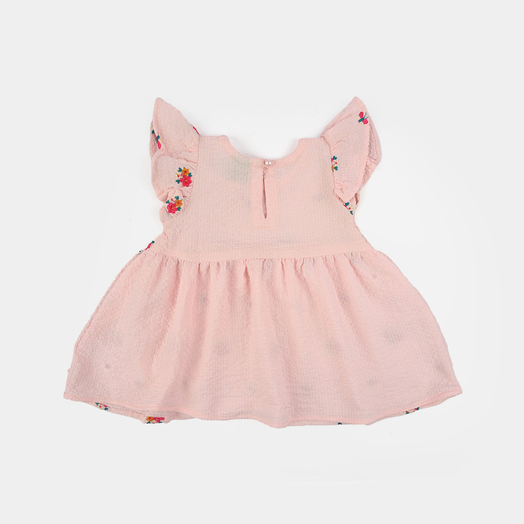 Infant Girls Poly Crinkle Embroidered Top (Butterfly & Flowers) - Baby Pink