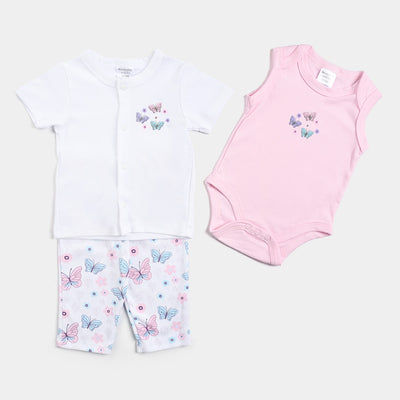 Infant Girls Cotton Interlock 3PCs Set -White/Pink