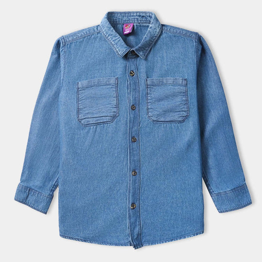 Boys Denim Shirt Pocket Styling-Mid Blue