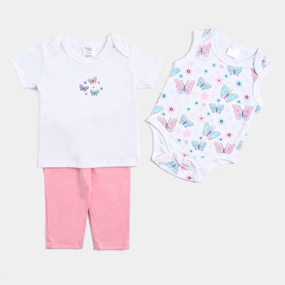Infant Girls Cotton Interlock 3PCs Set-White/Pink