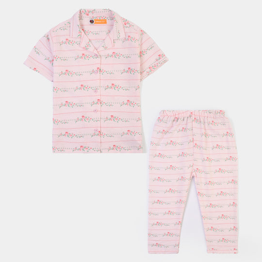 Girls Linen Viscose Nightwear-Stripe & Rose-Light Pink