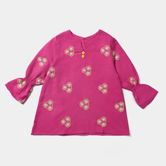 GIRLS COTTON SLUB EMB TOP PINK DAISY-P.PEACOCK