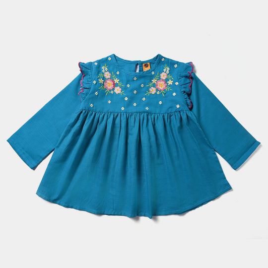 Girls Cotton Slub Emb Top Flowers Bunches-Turquoise