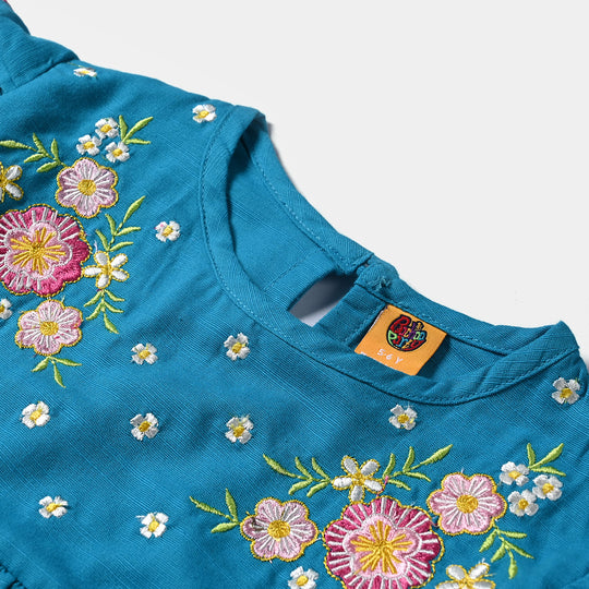 Girls Cotton Slub Emb Top Flowers Bunches-Turquoise