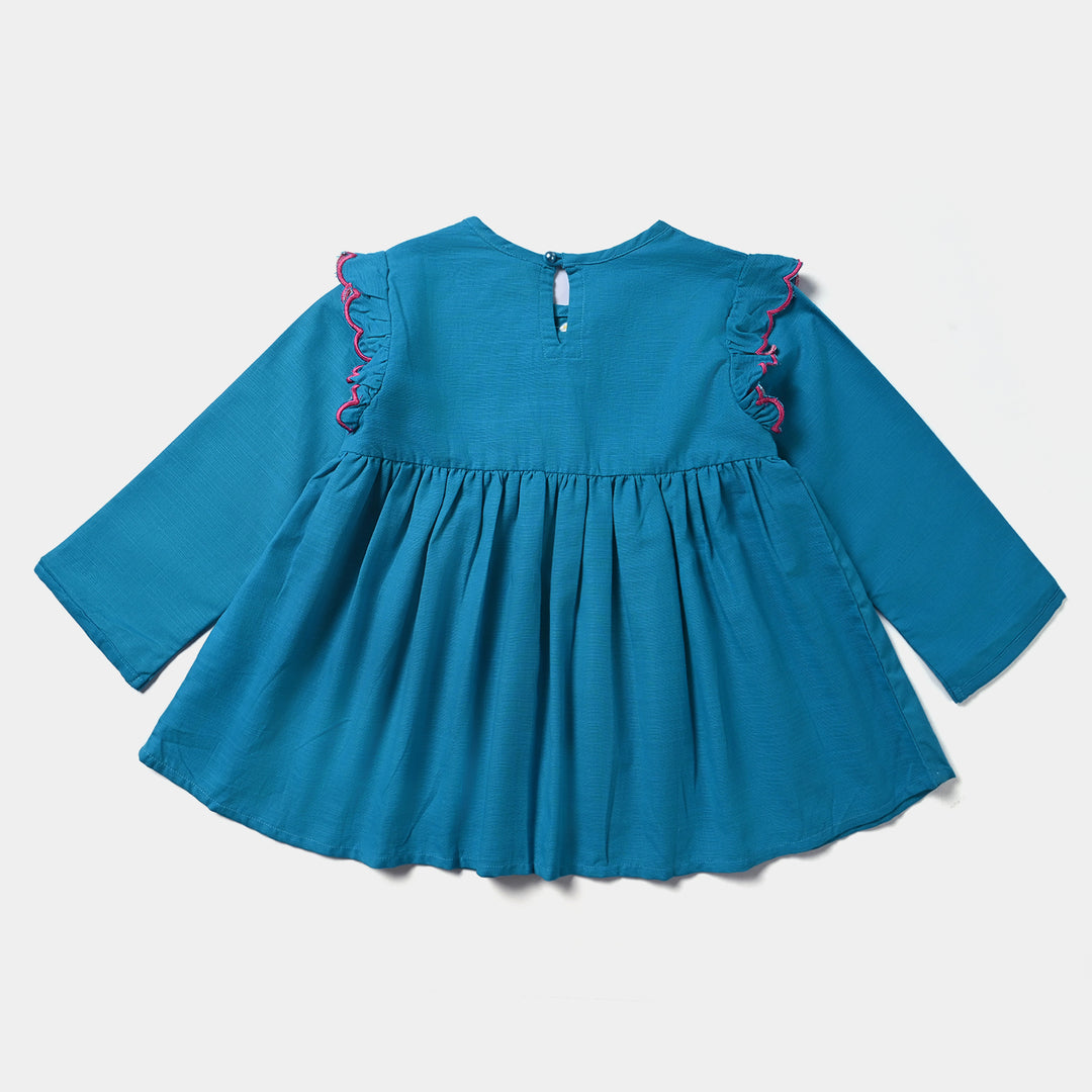 Girls Cotton Slub Emb Top Flowers Bunches-Turquoise