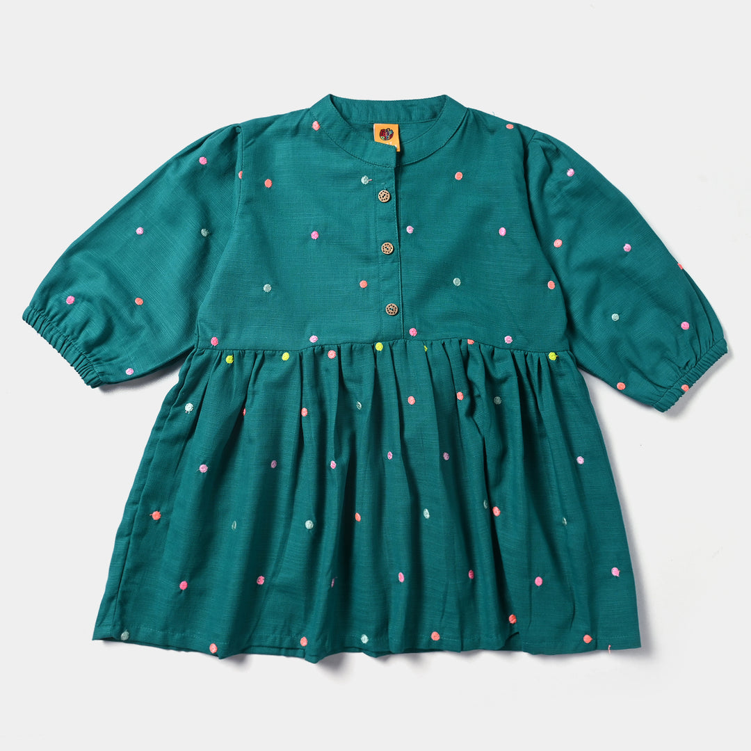 Girls Cotton Slub Emb Top Fanfare-Green