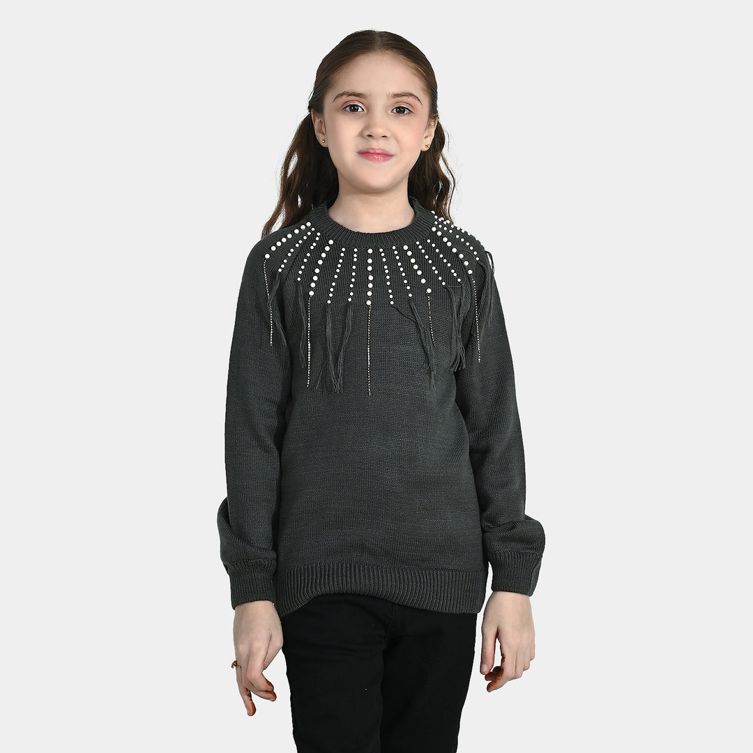 Girls F/S Sweater Pearl Stripes - CHARCOAL