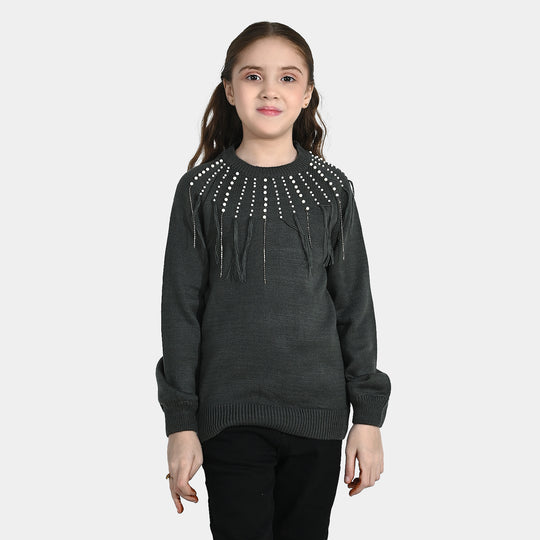 Girls F/S Sweater Pearl Stripes - CHARCOAL