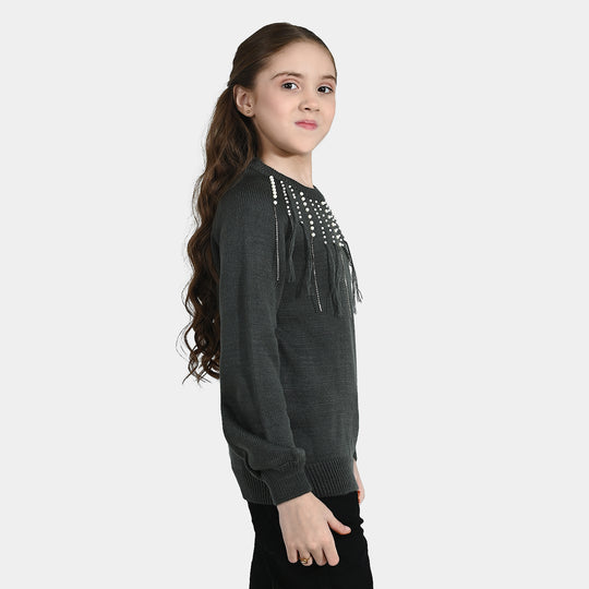 Girls F/S Sweater Pearl Stripes - CHARCOAL