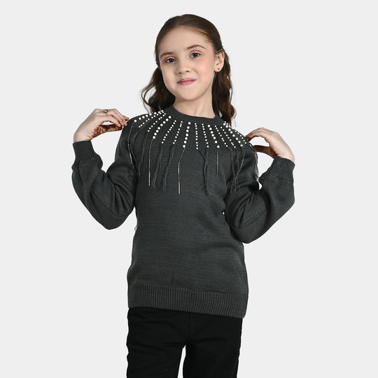 Girls F/S Sweater Pearl Stripes - CHARCOAL