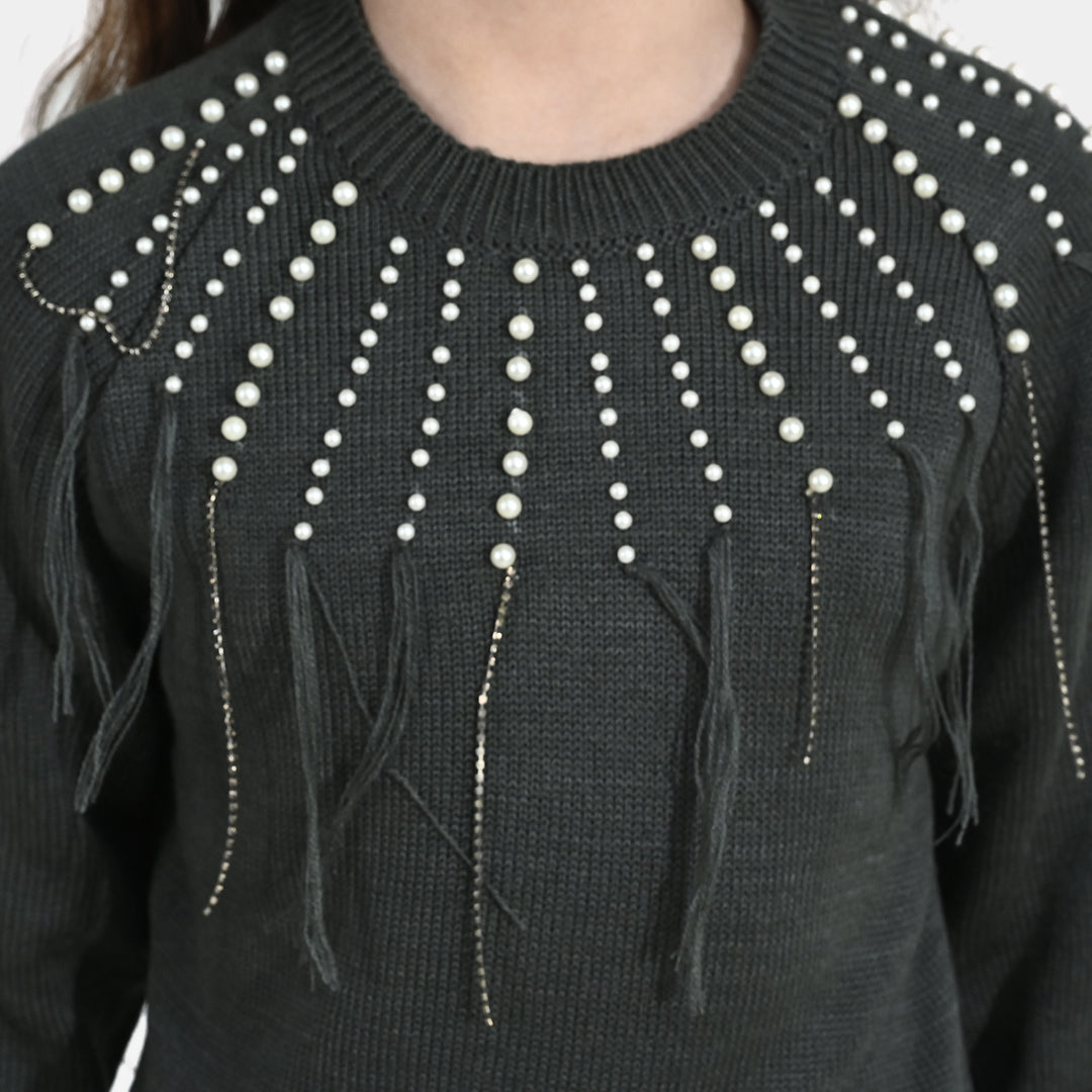 Girls F/S Sweater Pearl Stripes - CHARCOAL