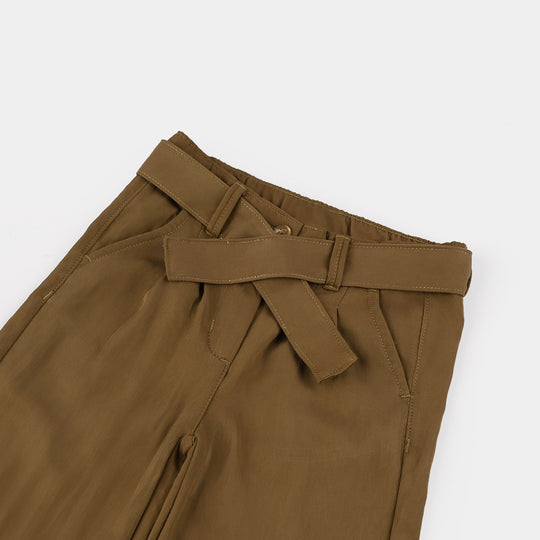 Girls Poly Twill Pants (Belted) - Brown
