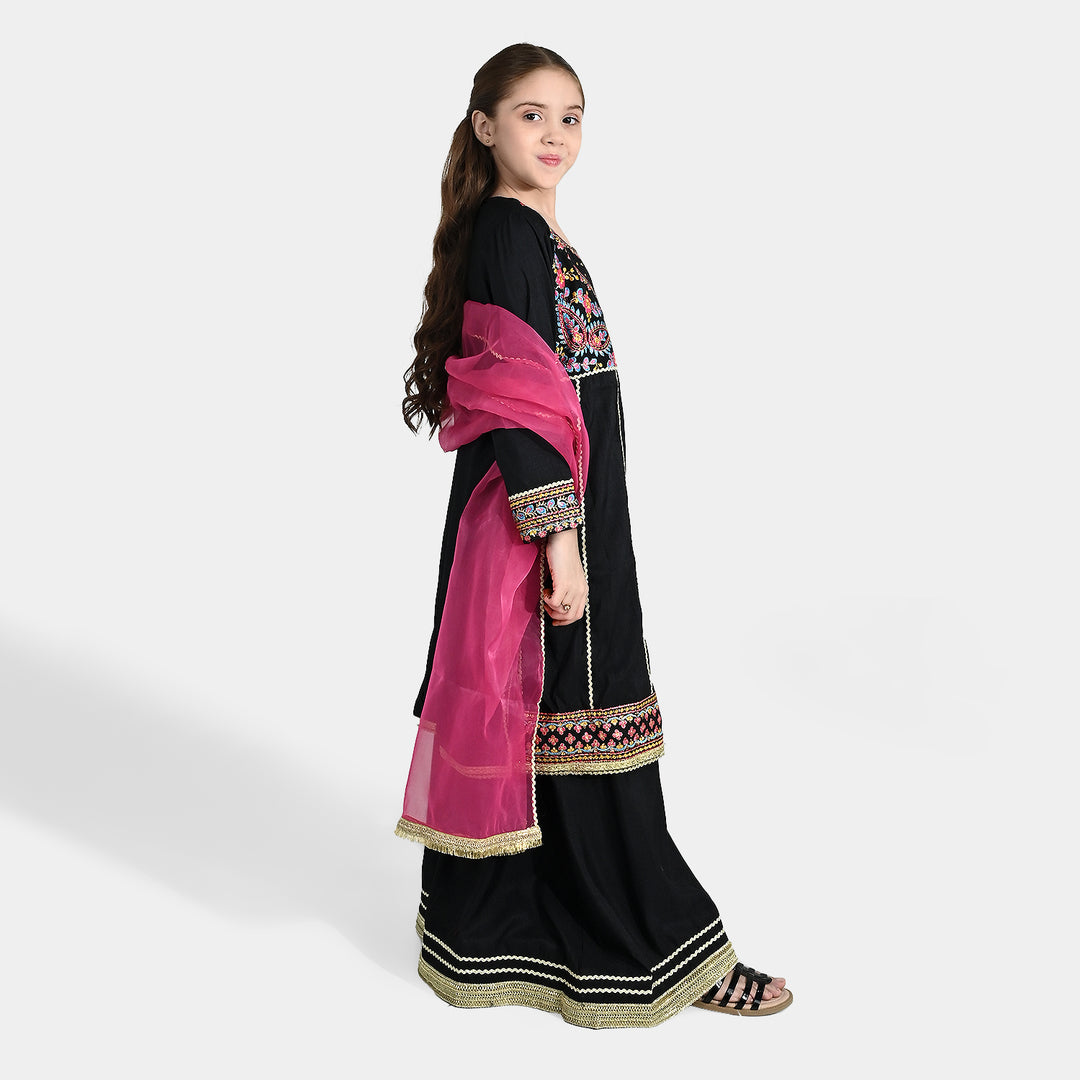 Girls Raw Silk Fancy 3Pcs - Black