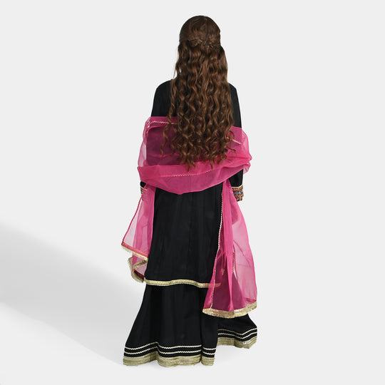 Girls Raw Silk Fancy 3Pcs - Black