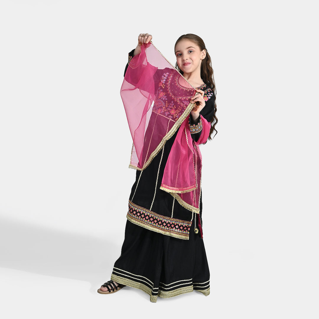 Girls Raw Silk Fancy 3Pcs - Black